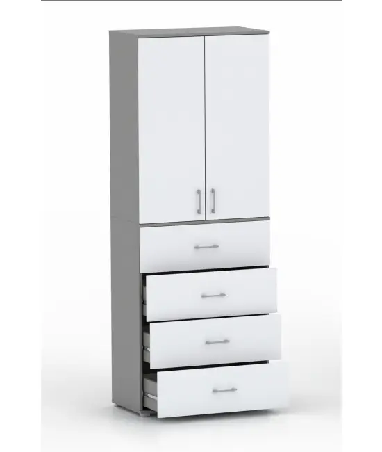 Szafa na ubrania z drążkiem Pola 215 - 4 szuflady 60 / 70 / 80 cm szara z białymi frontami